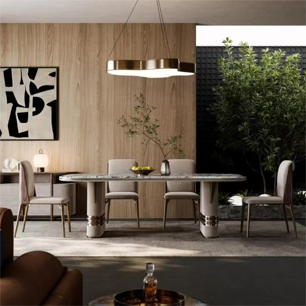 Modern light luxury luxury villa large level natural snow mountain flying fox marble slab long dining table (customizable)