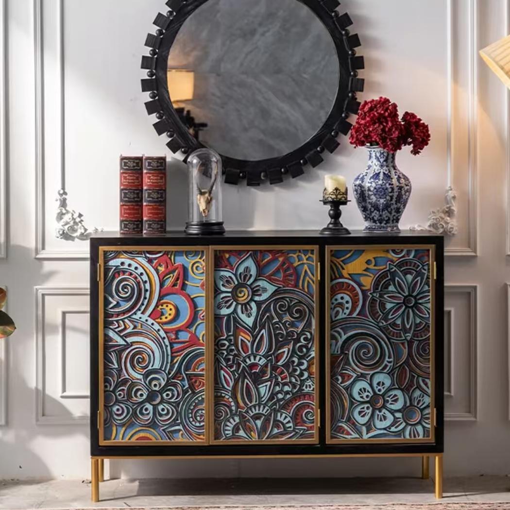 Medieval style carved painted glass door decorative cabinet Storage cabinet (customizable)