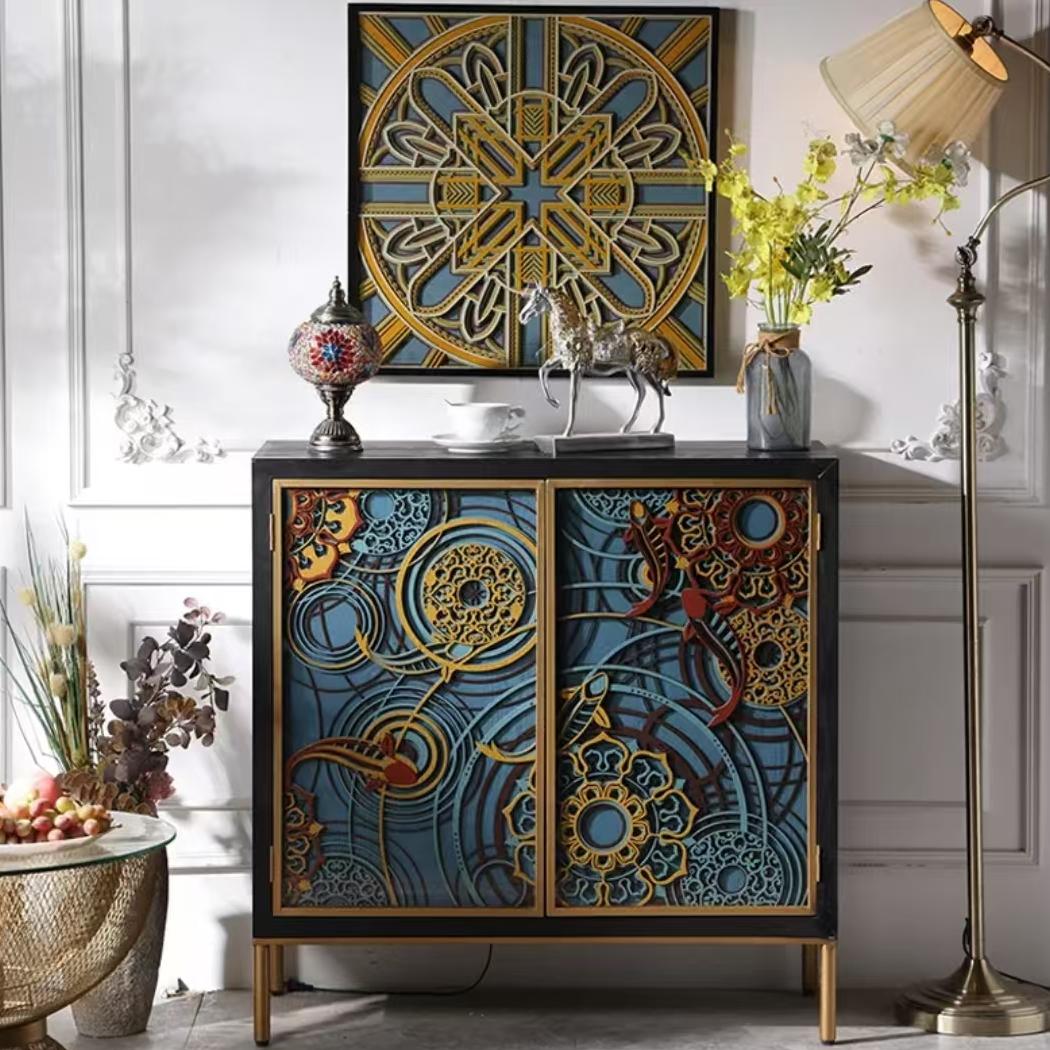 Medieval style carved painted glass door decorative cabinet Storage cabinet (customizable)