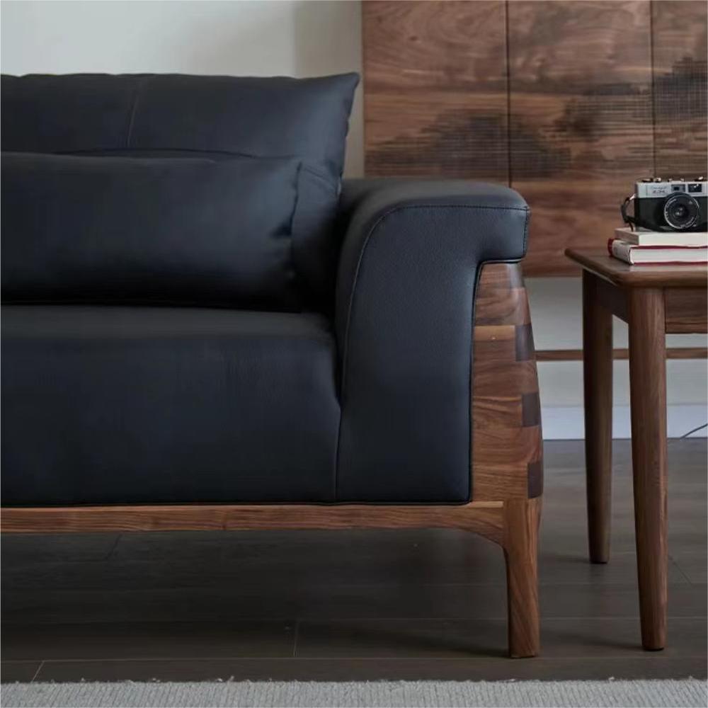 North American black walnut solid wood leather combination sofa (suitable for 4 people)（Can be customized）