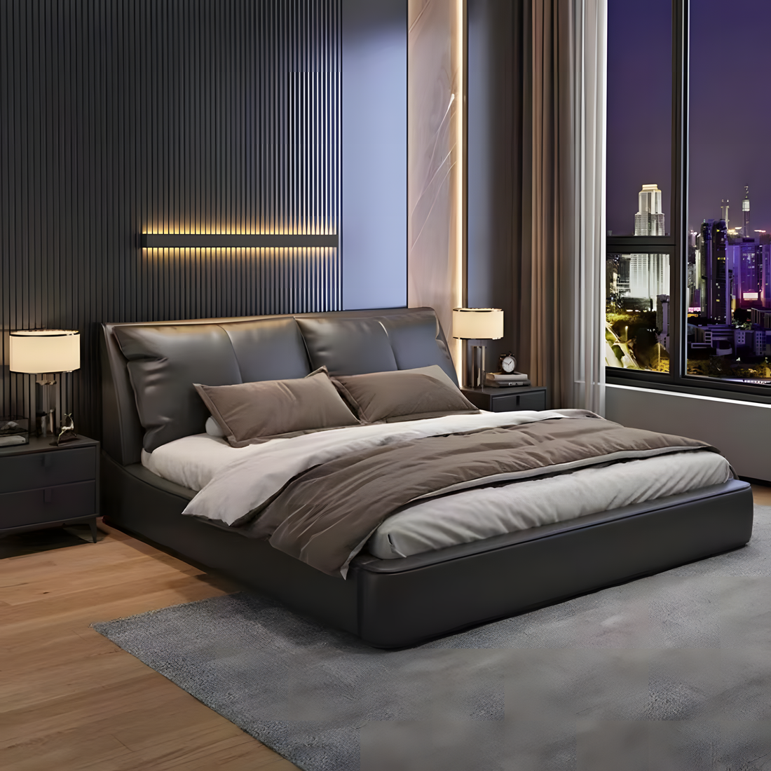 Italian light luxury solid wood leather double bed