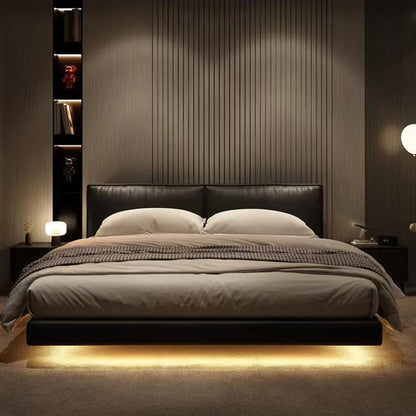 Italian minimalist leather Modern simple double bed (With light strip)