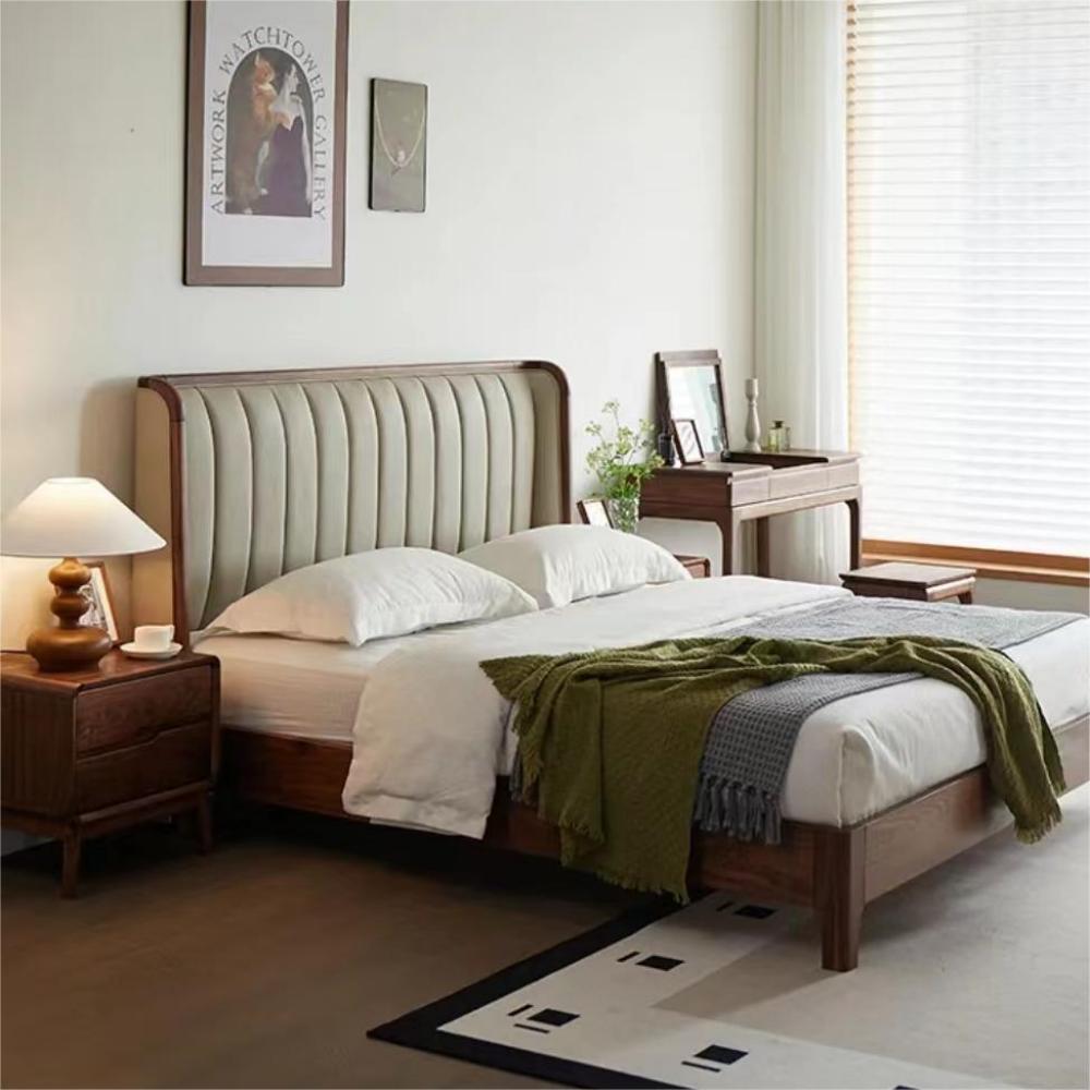 North American black walnut solid wood cowhide simple double bed（Can be customized）