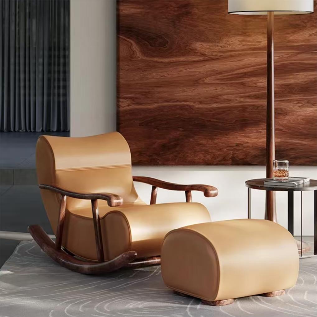 Leather sofa solid wood armrests rocking chair single sofa available balcony bedroom living room