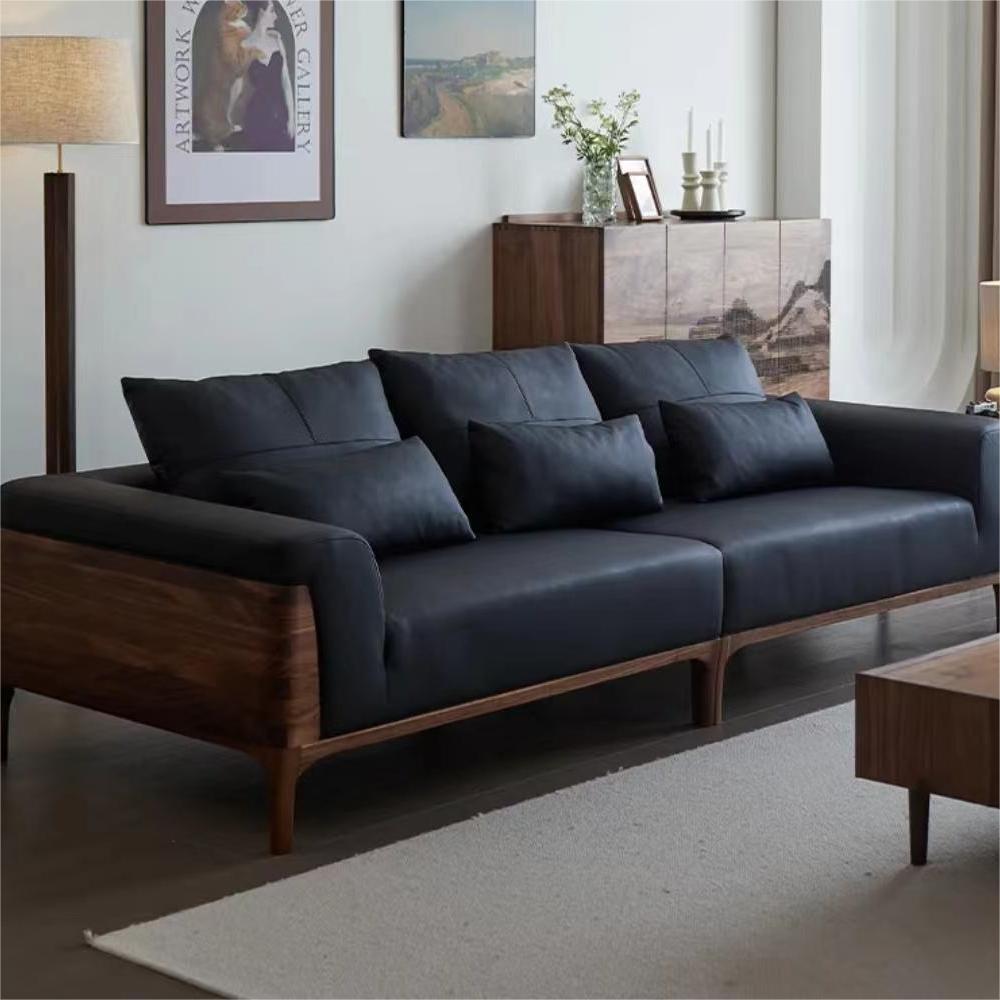 North American black walnut solid wood leather combination sofa (suitable for 4 people)（Can be customized）