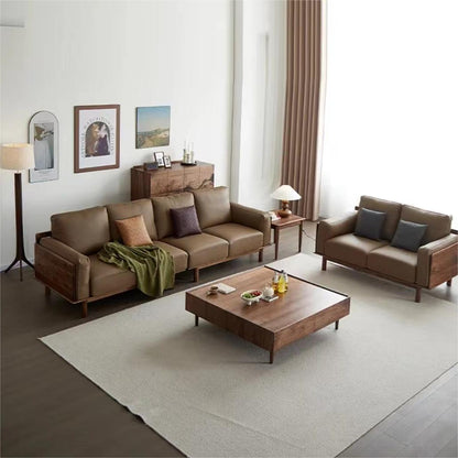 North American Black walnut solid wood layer cowhide combination sofa (suitable for 4~5 people)（Can be customized）