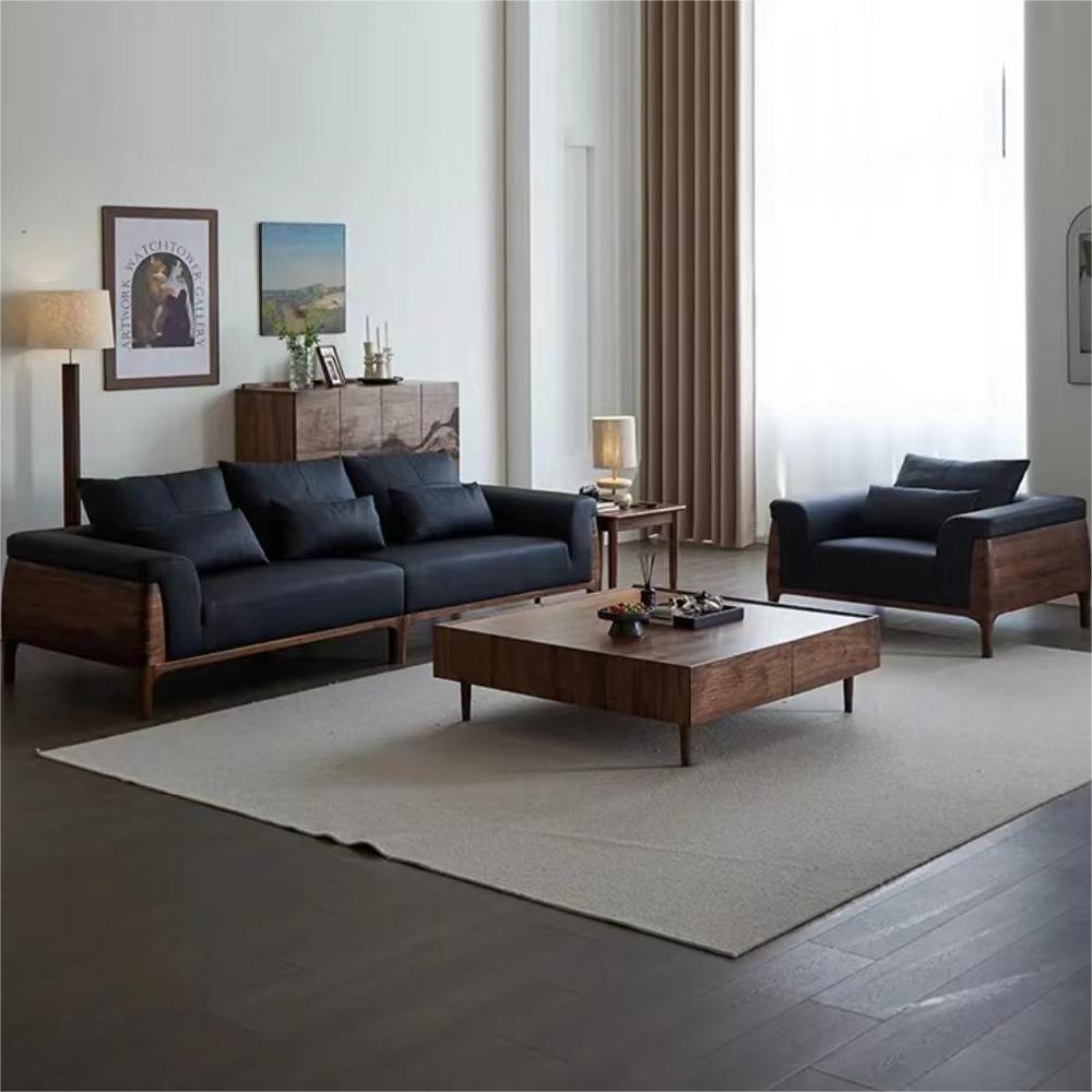 North American black walnut solid wood leather combination sofa (suitable for 4 people)（Can be customized）