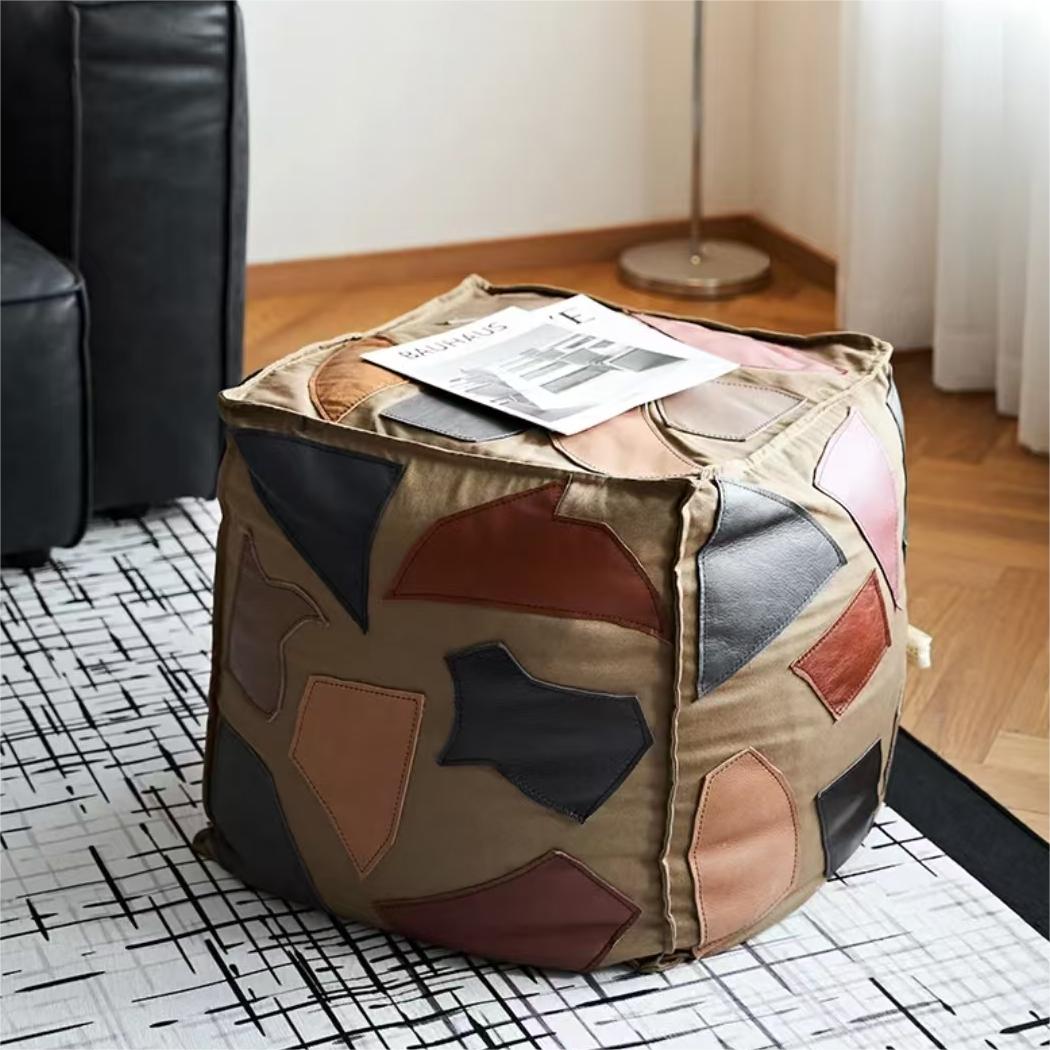 Nordic vintage single sofa stool Casual low soft sofa stool (Splicing leather, canvas random)